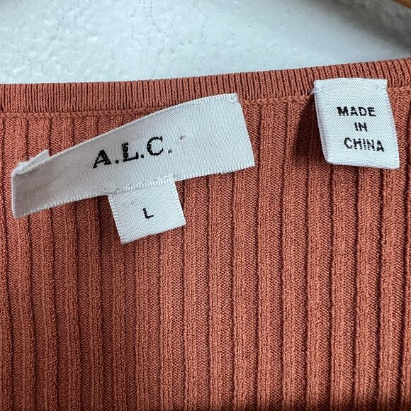 A.L.C. Women's Ribbed Cutout V-Neck Long Sleeves Bodycon Madison Dress Brown L - Picture 8 of 10